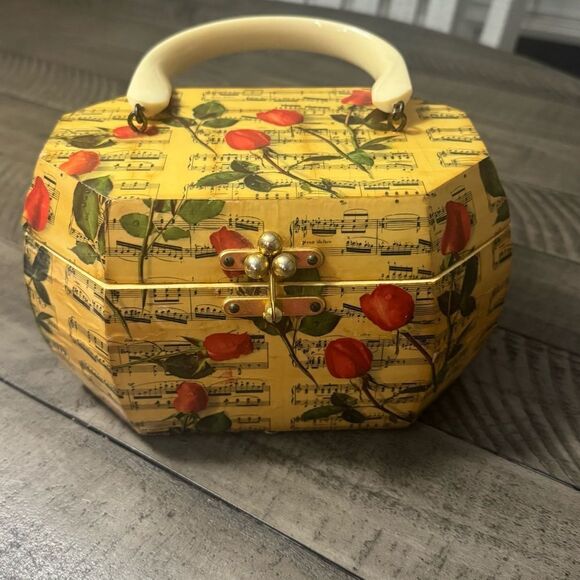 Vintage Billie Ross Of The Palm Beaches Decoupage Octagon Wood Box Purse Lucite - Picture 3 of 9